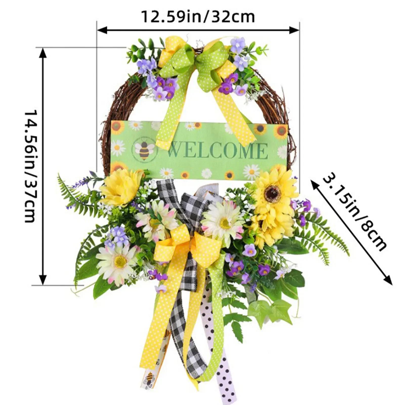 Spring Door Wreath Artificial Flower Bow Eucalyptus Welcome Door Sign Summer Fall Garland Hangings Decor for Front Door Wall