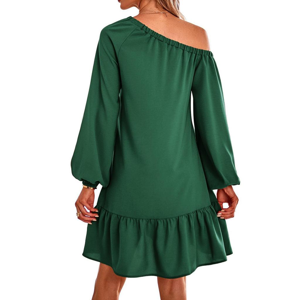 Abito da donna casual alla moda a maniche lunghe, scollatura Bardot, colorato