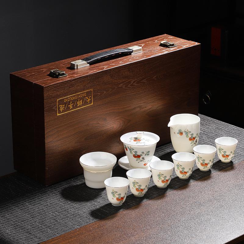 Suet jade kung fu tea set hand-painted cover bowl gold opening event real estate business souvenir