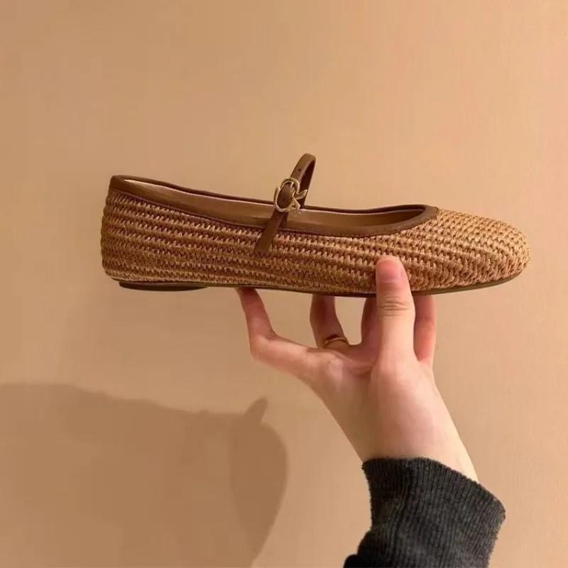 Women's Fashion Flat Shoes Autumn New Round Head Shallow Mouth One Word Buckle Straw Plaited Breathable Soft Sole Shoes