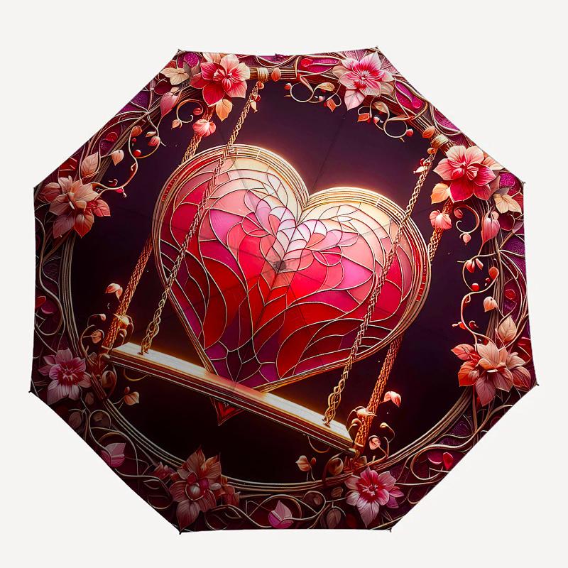 Romantic Heart Swing Wall Art Decor Umbrella, Cute Umbrella with Cute Design, Portable 3-Fold Compact Umbrella for Men & Women, Valentine's Day Mother