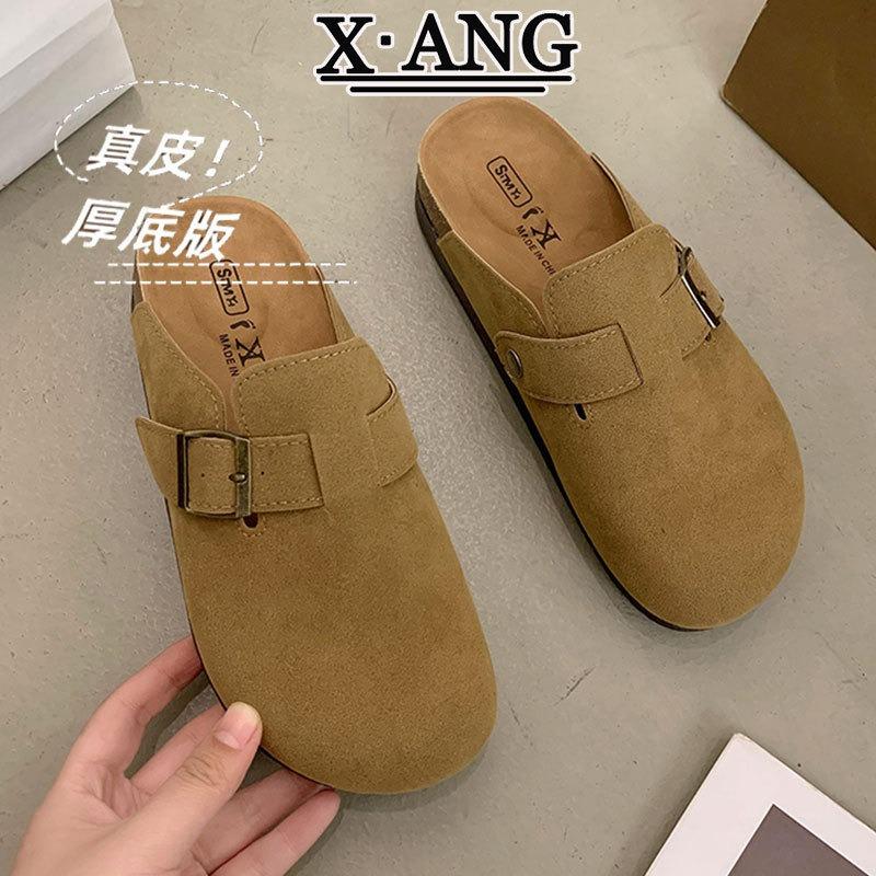 Leather cork bottom children's baotou half slippers outside wear spring and summer new one-pedal lazy shoes