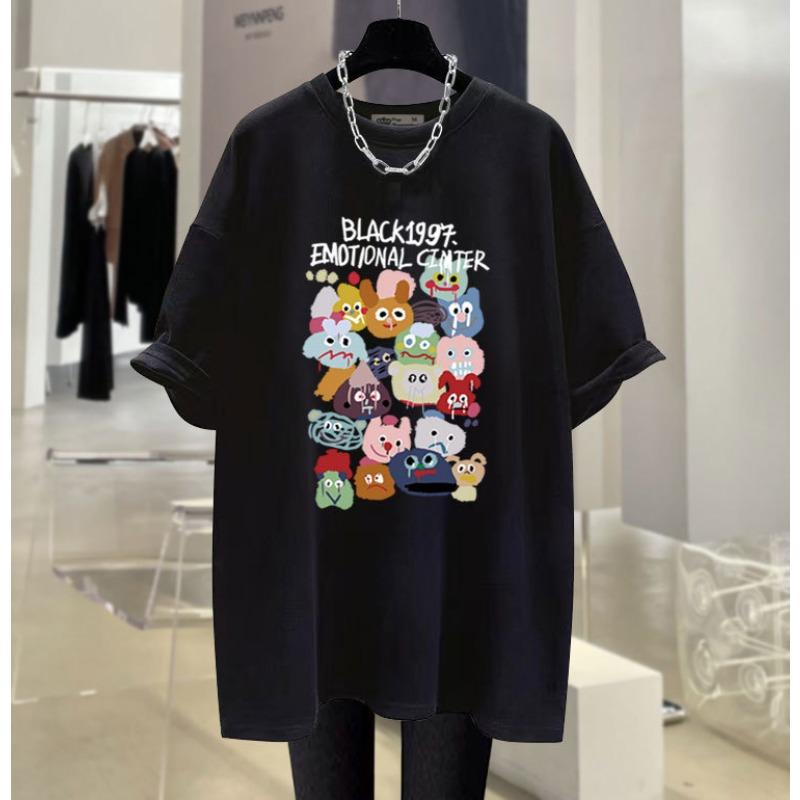 T-shirt Noir à Manches Courtes pour Femme Style Vintage Américain Été Mise à Jour Dessin Animé Doodle Grande Taille Coupe Confortable Coton Longueur Moyenne