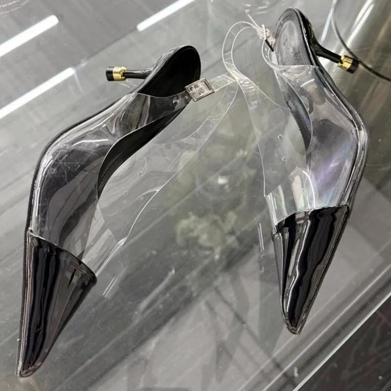 Fashion Pointed Toe Thin Heel Non-slip Women Sandals 2025 Summer Transparent PVC Mueller Shoes Fashions Elegant Buckle Strap High Heels