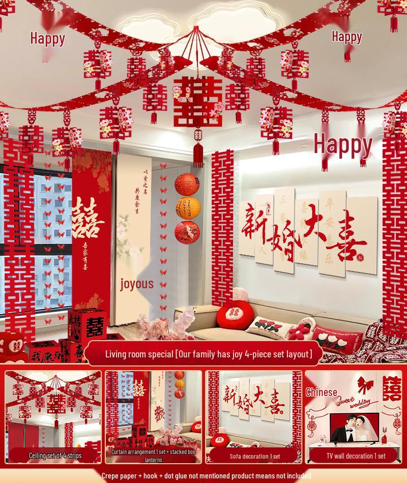 Hanging Double Happiness Cloth Banner for Wedding and Engagement Decor In Living Room or Hotel