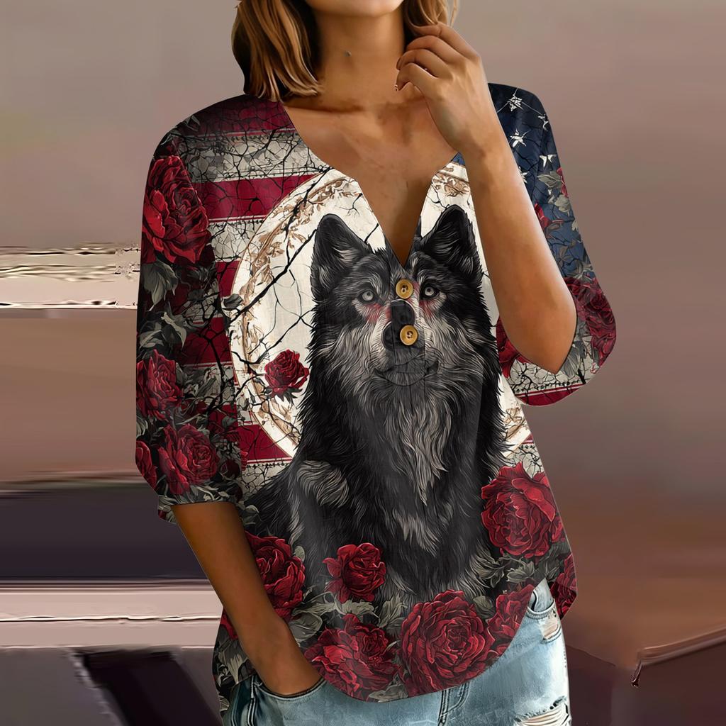 Women's Halloween Print V-Neck Button Three-Quarter Sleeve T-Shirt Casual Top