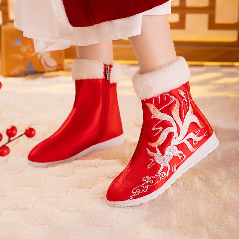 Women's Winter Warm Snow Boots Non-Slip Faux Fur Lined Embroidered Ankle Booties Shoes for Women Comfortable Fuzzy Walking Short Boot With Side Zipper