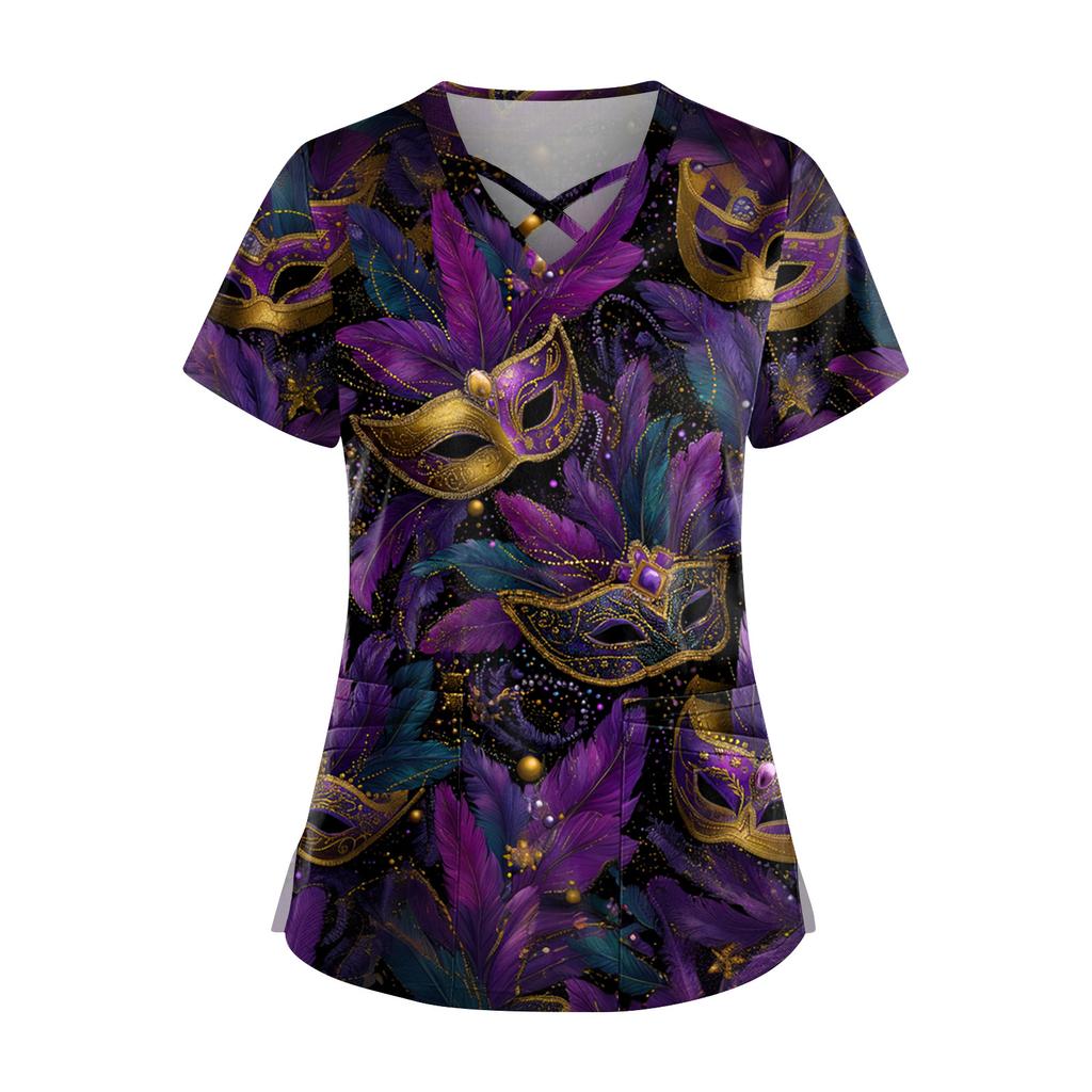 Dam Kortärmad Stagger V-ringad Tryck Ficka Torr-Topp