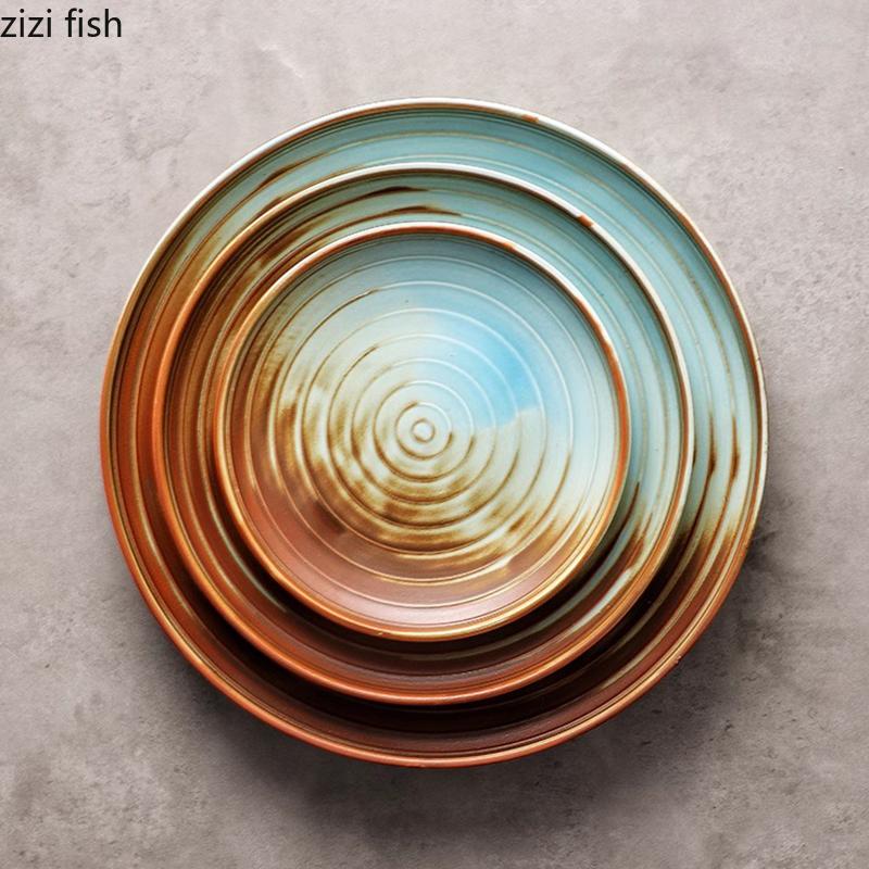 Kiln Changes Retro Ceramic Shallow Plate Steak Plate Sushi Plate Salad Plates Dessert Dish Molecular Cuisine Creative Tableware