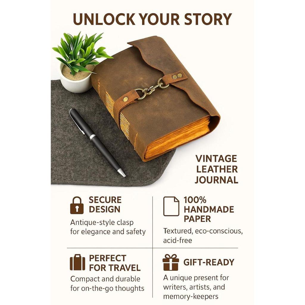 Vintage Deckle Leather Classic Charm Handmade Diary D-Lock Closure, Ruling Journal Secret Keeper for Ideal Writer 200 Pages for Gift for Men and Women