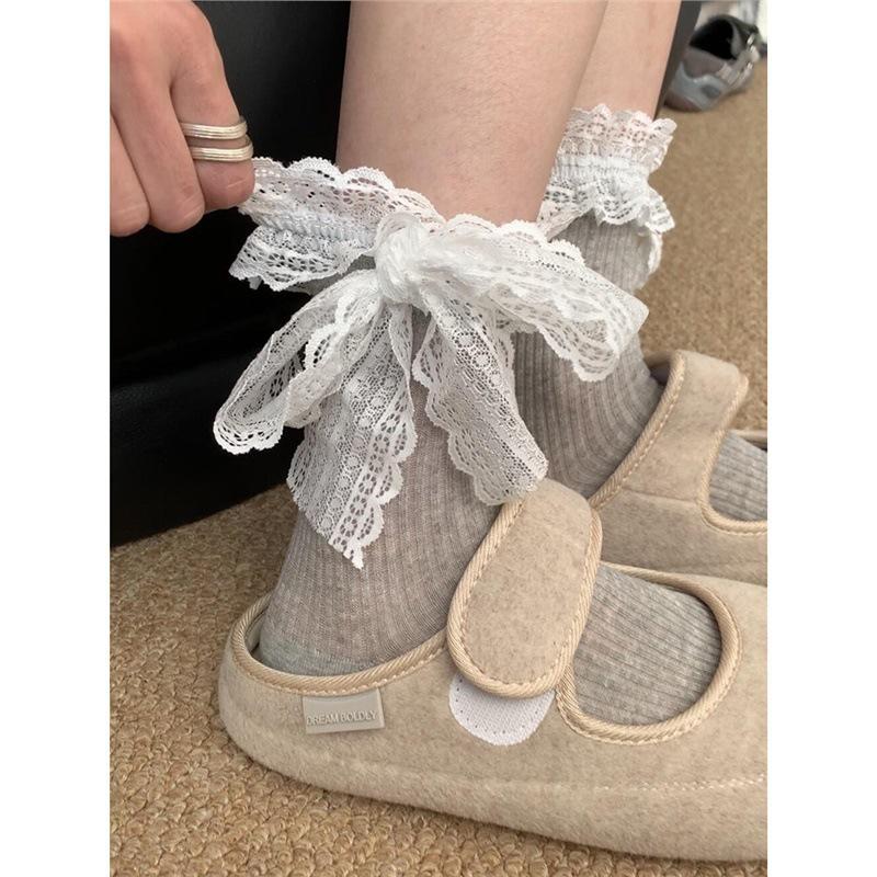 3D Lace Bow Japanese Sweet Style Ballet Tie-Up Women s Patterned Socks Mid-Calf Tie-up