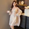 New ice silk pajamas female sexy with chest pads spring and summer lace pure desire wind with chest pads suspender two-piece set home