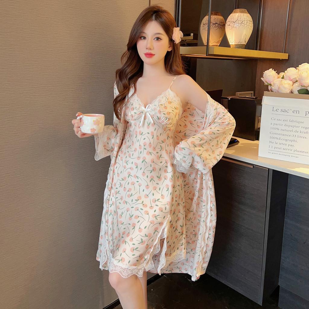 New ice silk pajamas female sexy with chest pads spring and summer lace pure desire wind with chest pads suspender two-piece set home