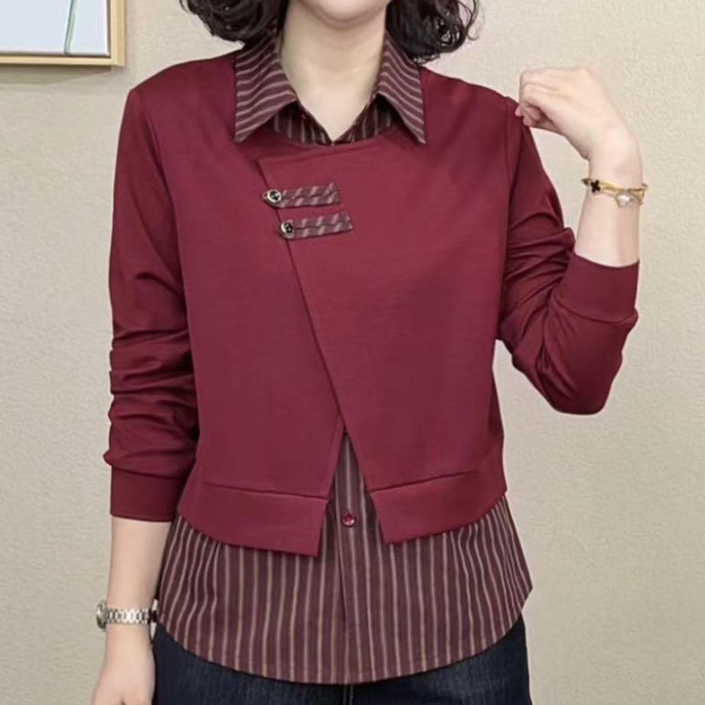 

2025 Autumn Elegant Lapel Women s Patchwork Slimming Two-Piece Long Sleeve Shirt 3XL (130-140 jin) вина червоного кольору