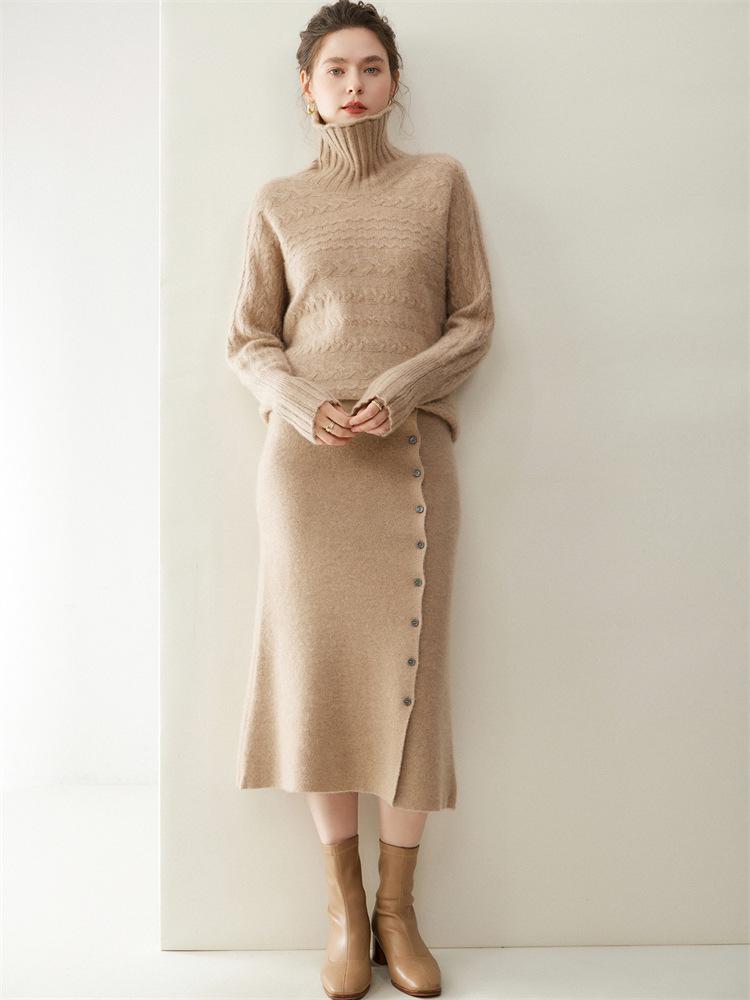 2025 Autumn/Winter Women's Cashmere Sweater & Slimming Knit Midi A-Line Skirt Set