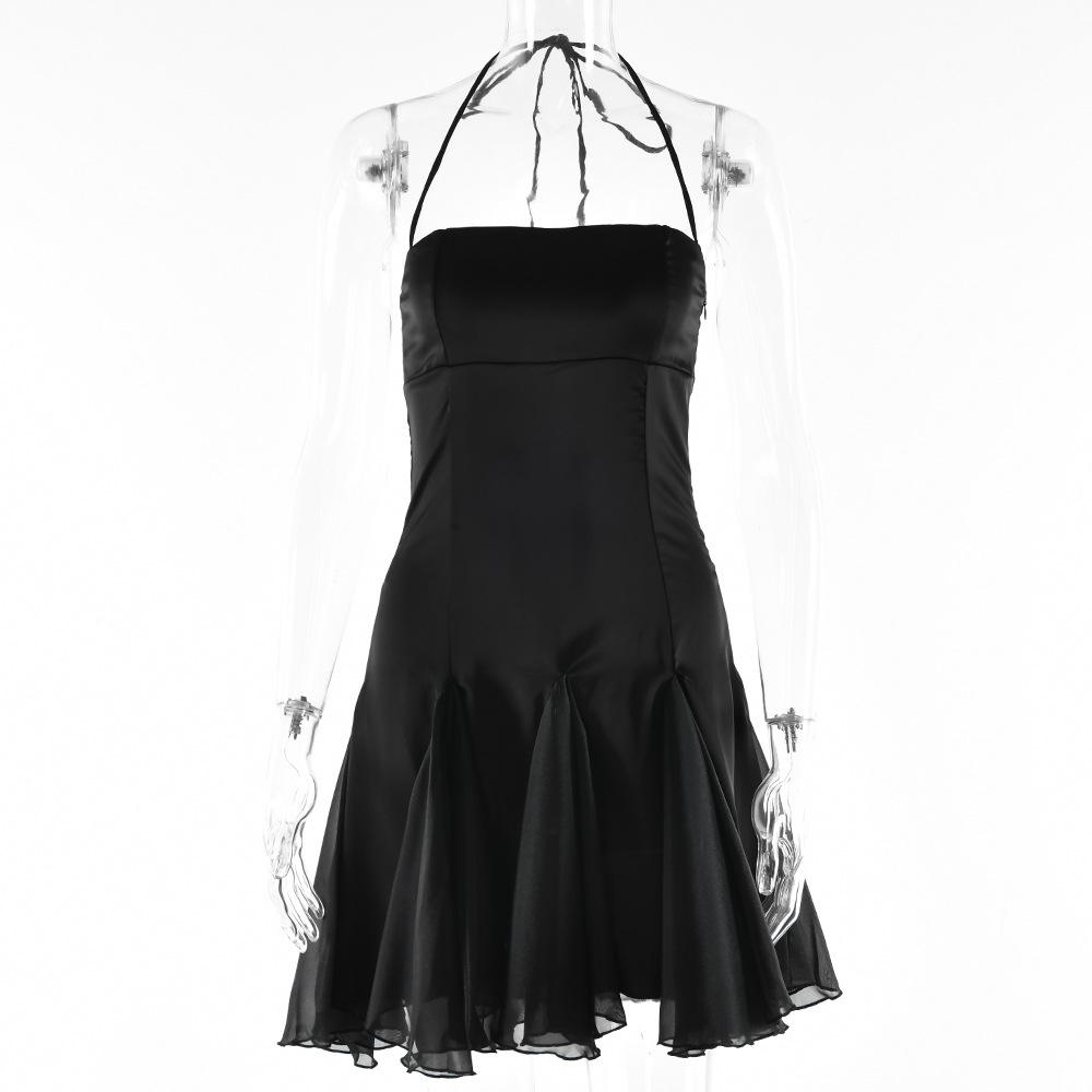 

European and American women s clothing sexy pure desire hot girl ruffle edge short skirt one-word collar backless neck dress L чорний