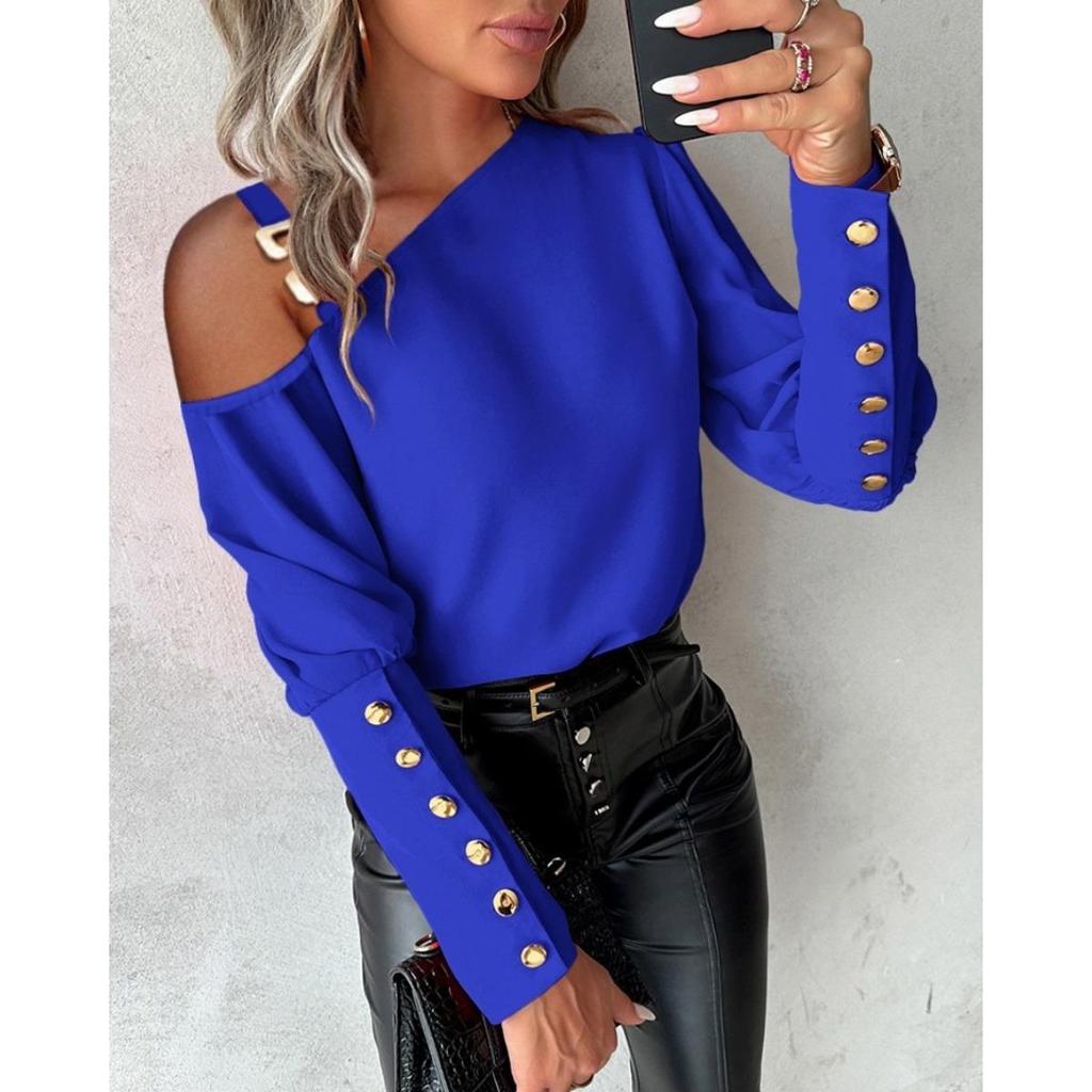 Autumn Winter Solid Color Metal Buckle Button Shirt Blouse for Women
