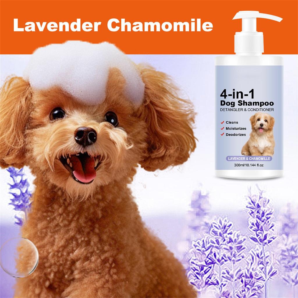 4-in-1 Beruhigendes Hundeshampoo - Reinigt, Pflegt, Glättet, Spendet Feuchtigkeit Mit Lavendel Kamille - Tierfreundliche Formel 300ml