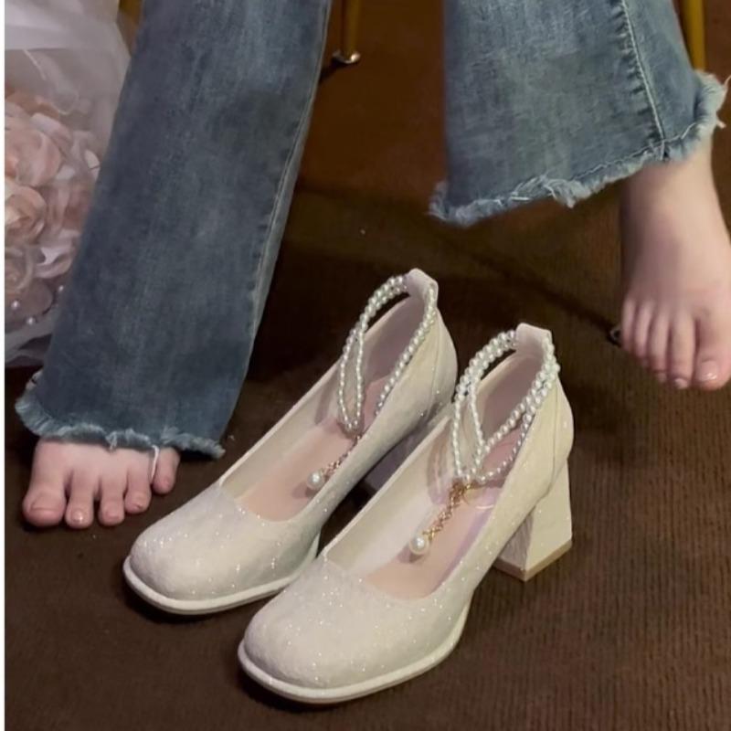 Fashion Women's Spring and Autumn New Round Toe Shallow Mouth Anti-slip Wear-resistant Mary Jane Shoes Block Heel High Heels