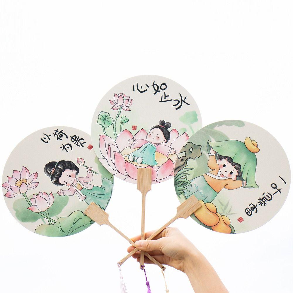 Handmade Chinese Style Circular Fan Long Handle Round Fan Art Hand Fans Bamboo Handle Fan Summer