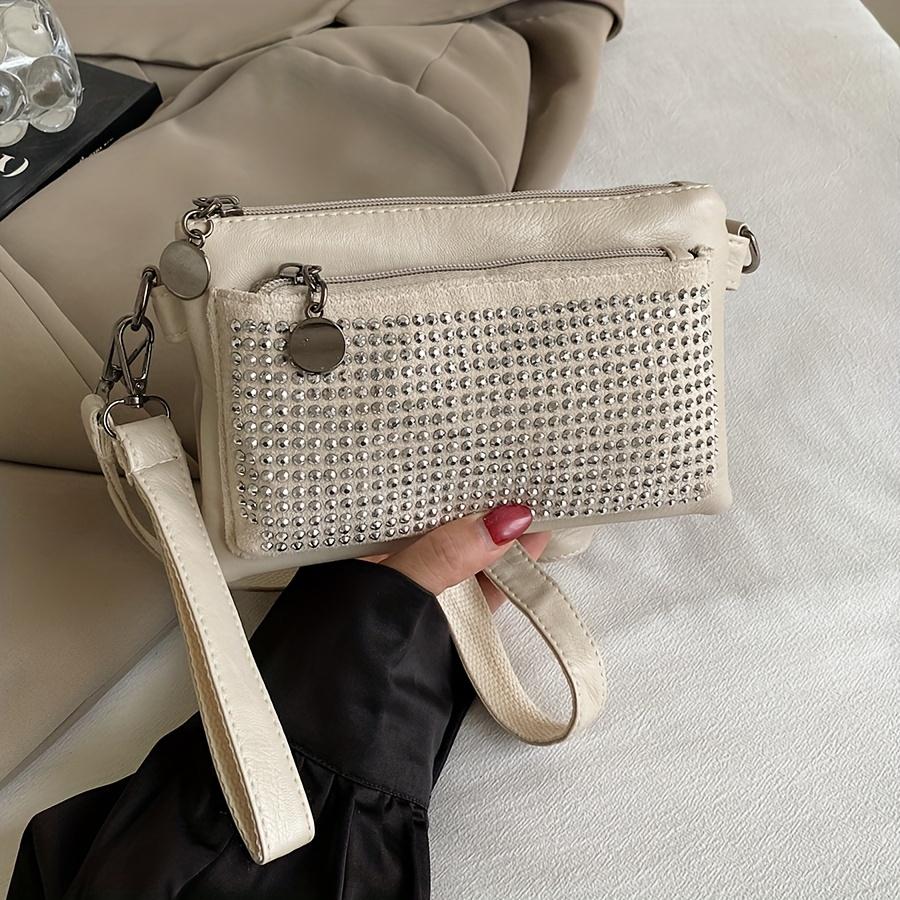 Rhinestone-Studded Shoulder Bags for Women Zip Closure Trendy Small Square Ladies Clutch Bag Small Crossbody Bags for Women