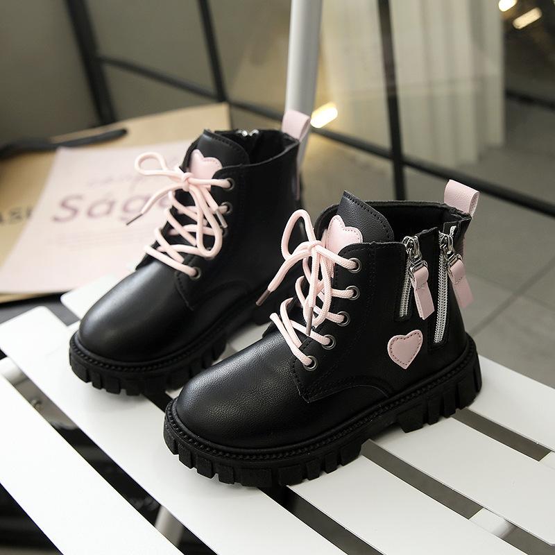 Kids Black Pink Heart Decor Side Zipper Combat Ankle Boots 26 чёрный