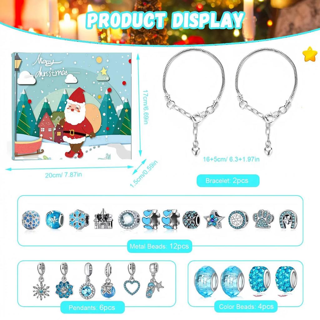Jewelry Christmas Advent Calendar with 2 Bracelets and 22 Unique Charms Jewelry Set Xmas Countdown Calendar for Kids Teens Women