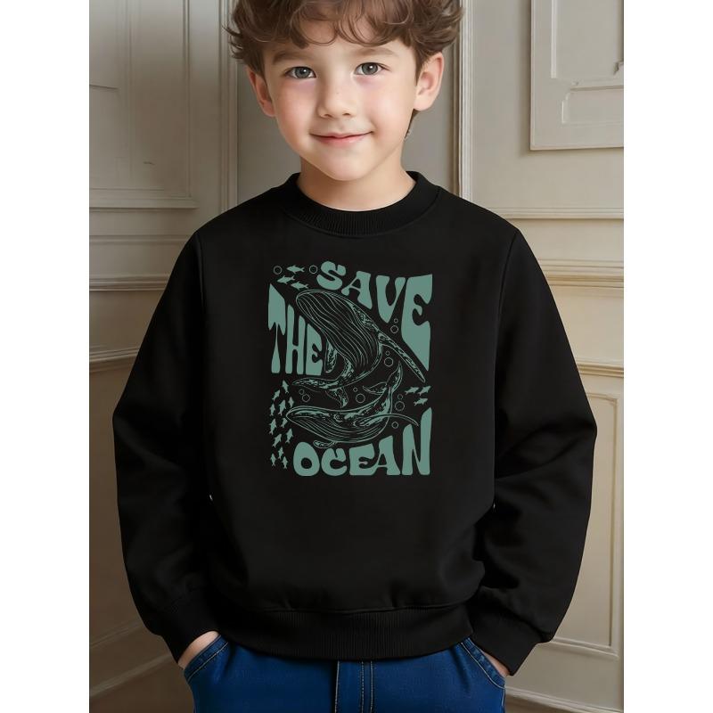 Kids Casual Crew Neck Pullover with Save the Ocean Whale Pattern for Daily Wear and Casual Occasions