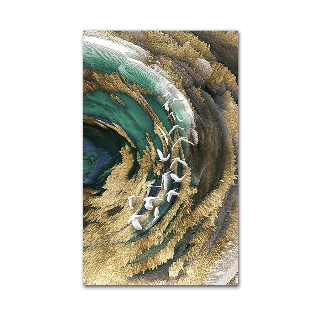Picture for Living Room 3D Effect Tableaux Abstract Golden Feather Canvas Painting Big Blue Green Print Luxury Wall Art