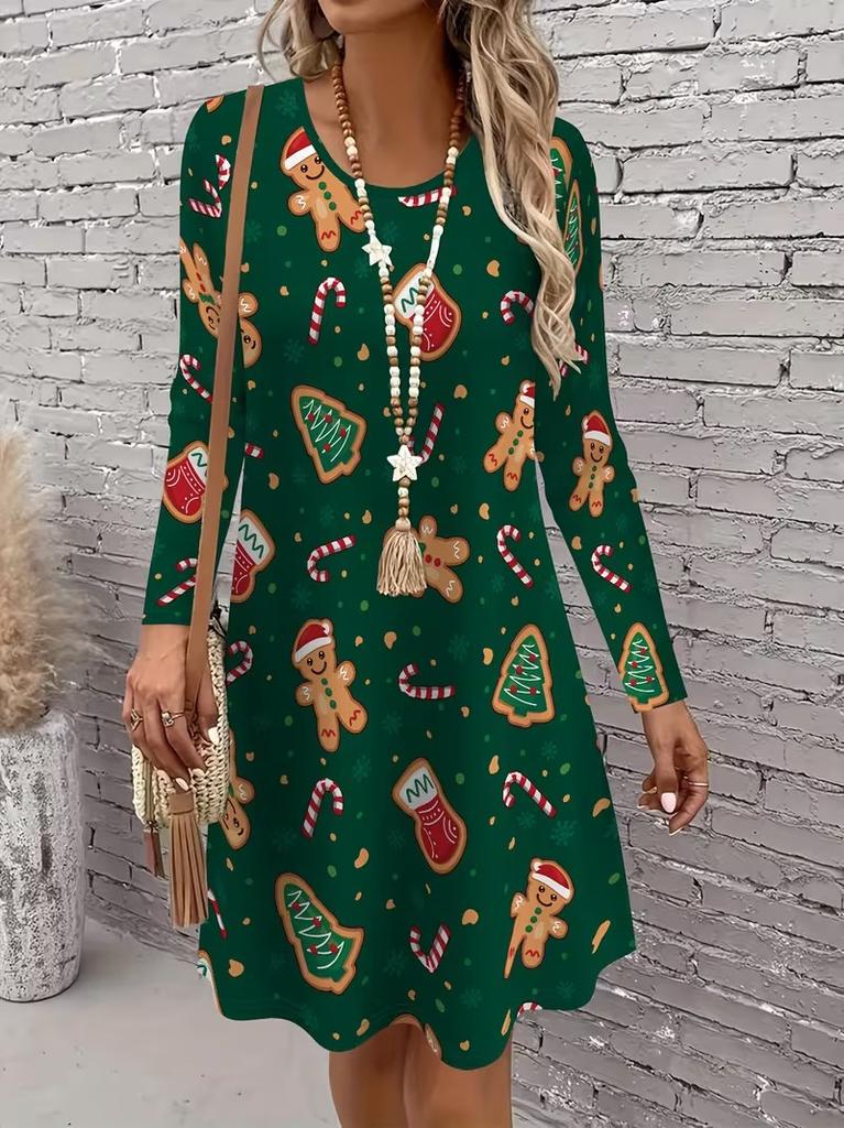 3D Retro Floral Pattern Casual Dress, Women's Autumn Long Sleeved Round Neck Casual Mini Dress