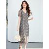 26 year new summer high-end Chinese style V-neck mid length skirt with a high-end feel and slimming short sleeved skirt A-line skirt dress