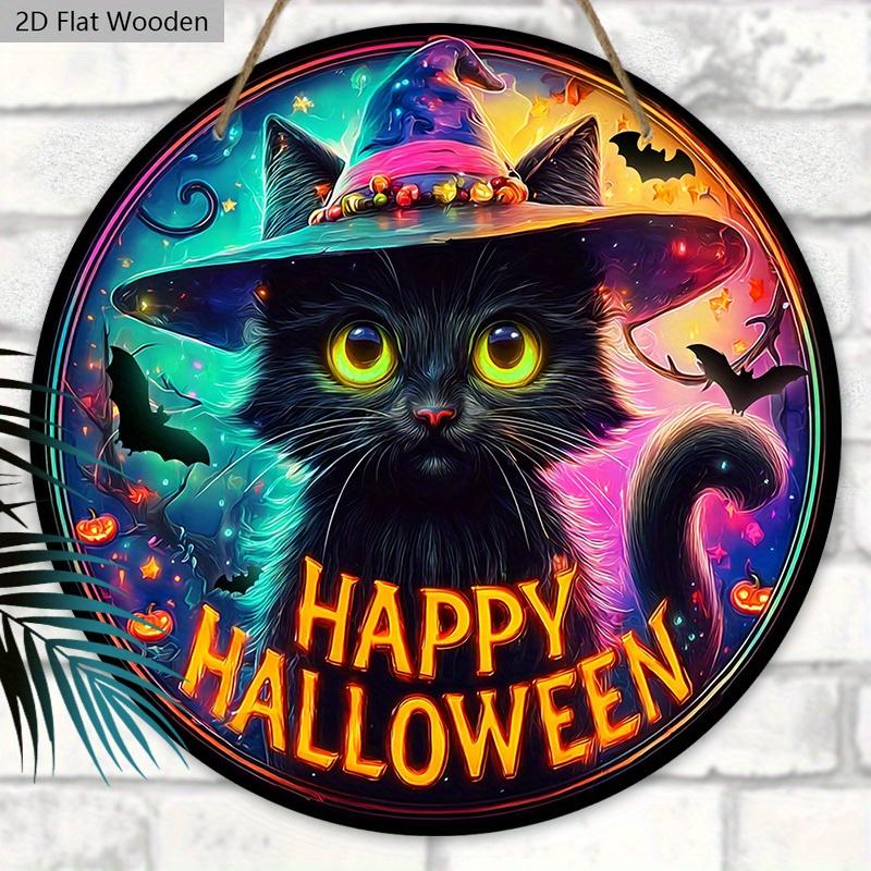 Wooden Halloween Sign with Black Cat Pattern Design - Unique Wall Pediments with Happy Halloween - Ideal for Front Door, Yard, Porch, Room Decor