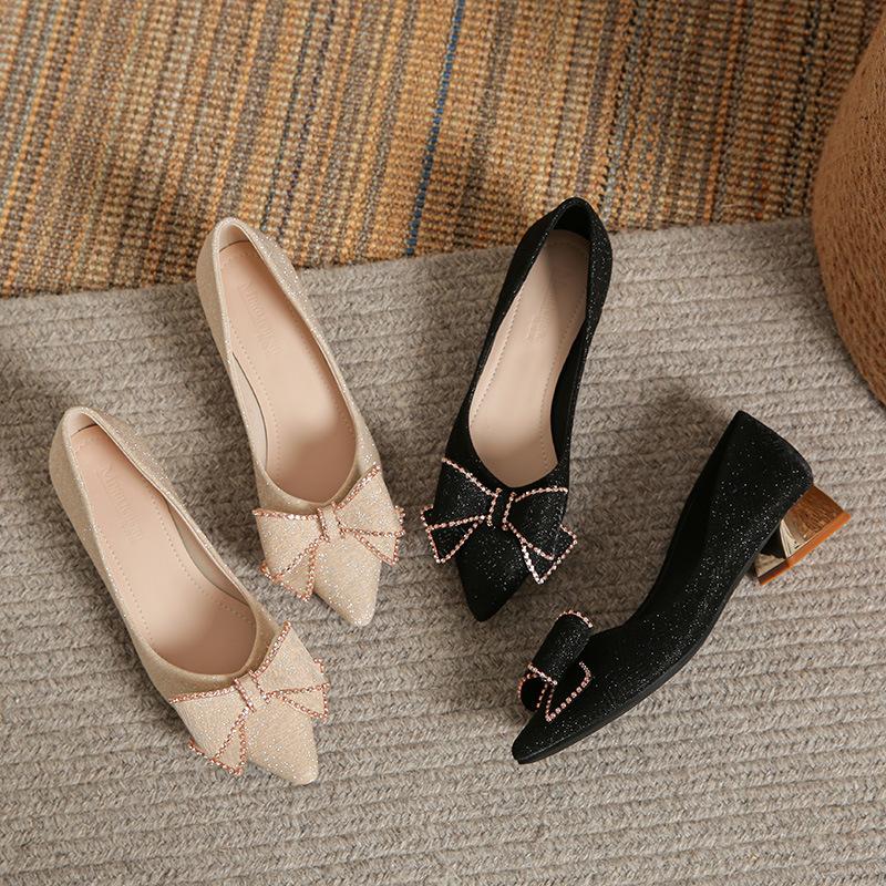 Pointed high heels thick heels women's shoes new high-end bow mid-heel large size 40-43 single shoes