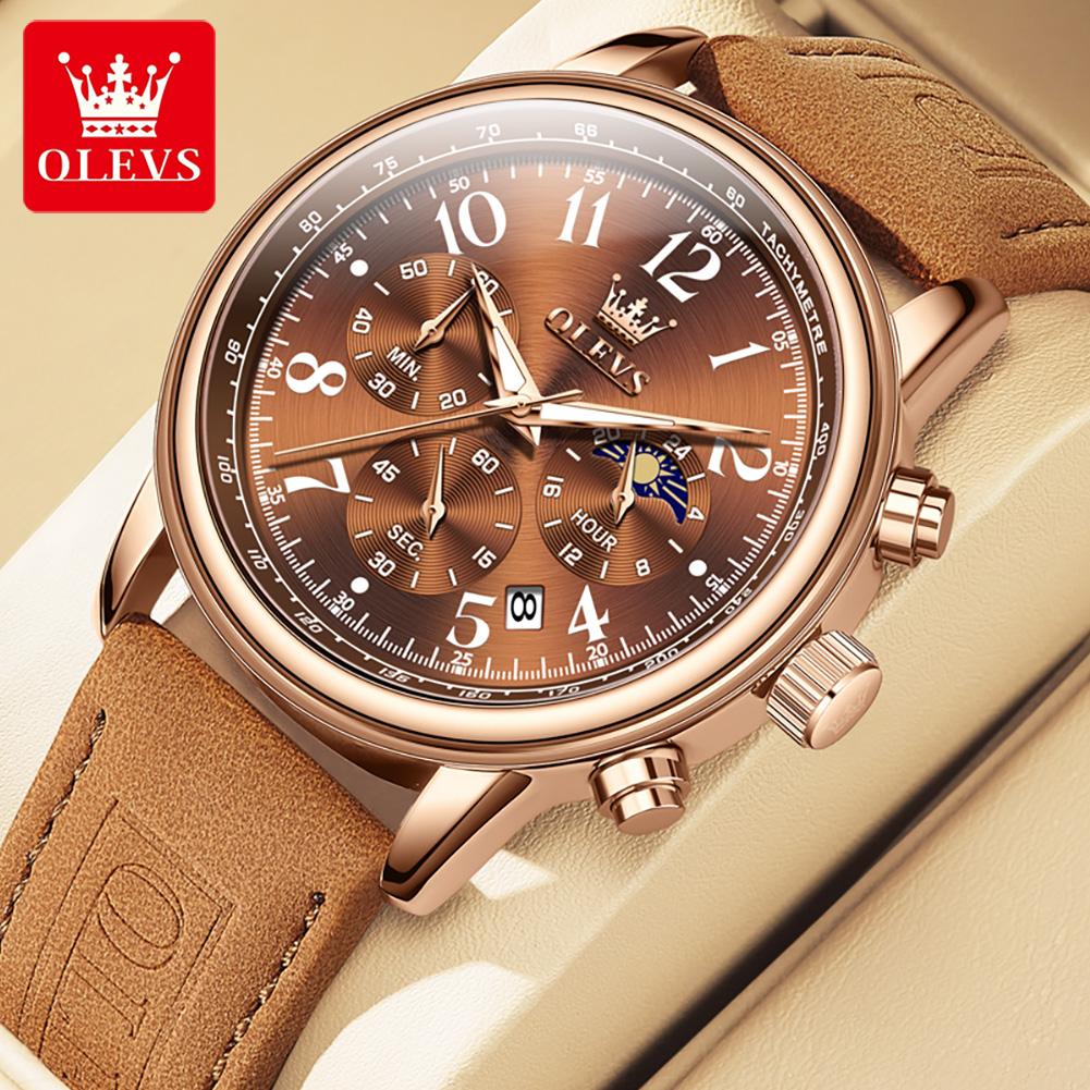OLEVS 2912 Mens Watch Original Quartz Watch Waterproof Luminous Multifunctional Chronograph Moon Phase Watches For Men Reloj