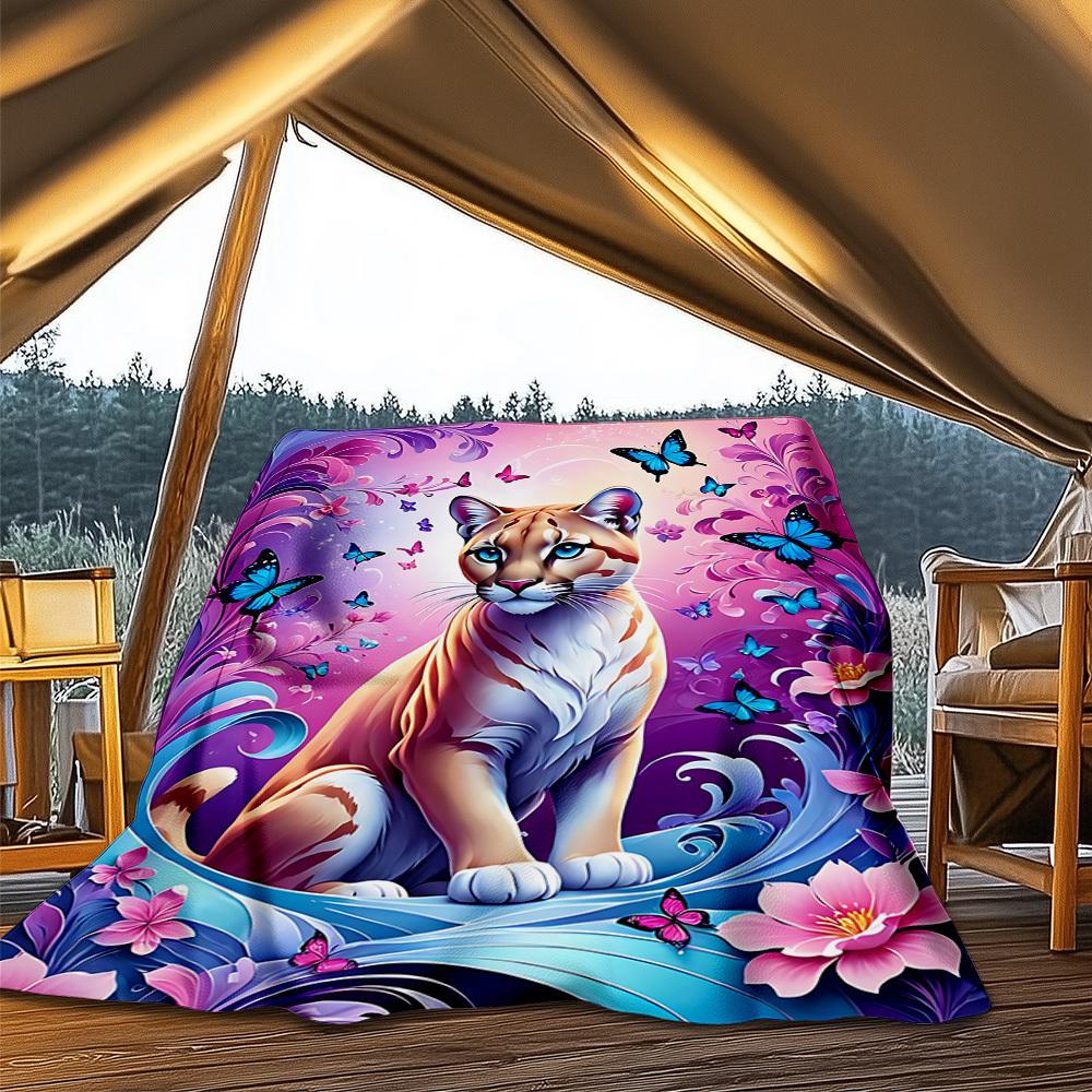 1 pièce Couverture Plaid Guépard Floral Papillon Fibre de Polyester, Flanelle Légère, Douce et Chaude, Utilisation Toutes Saisons pour l'Extérieur, Camping Impression Numérique