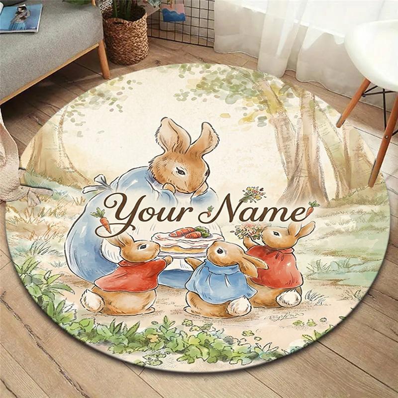 Easter Bunny Picnic Custom Name Round Area Rug Carpet Rug For Living Room Bedroom Sofa Playroom Decor Nonslip Floor Mat