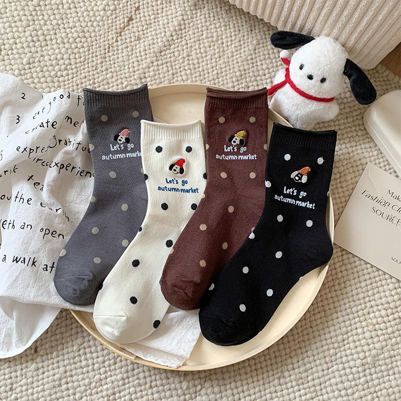 Autumn Cream Wind Cute Magician Puppy Embroidered Medium Tube Socks Polka Dot Versatile Comfortable Cotton Socks Cartoon