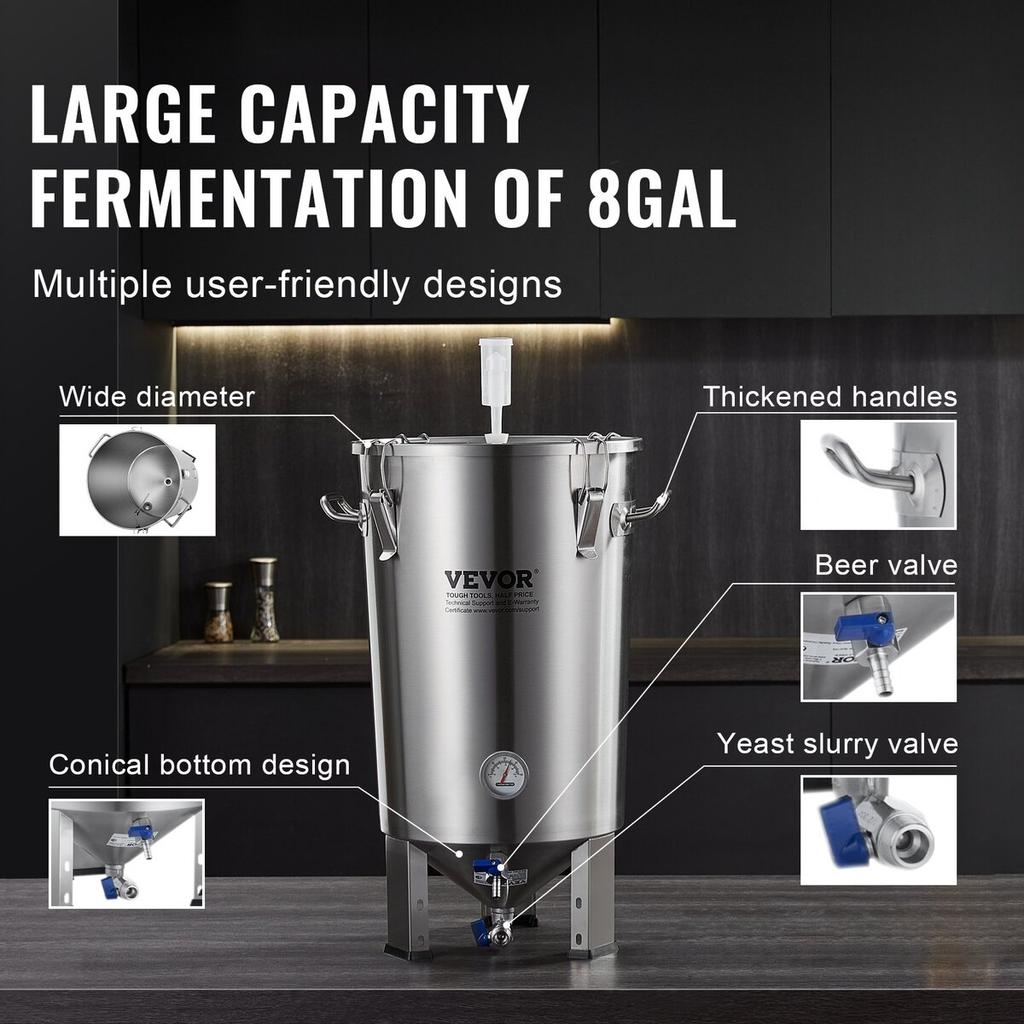 304 Stainless Steel Kettle, 30L Beer Brew Fermentor, Brew Bucket Fermentor for Brewing, Home Brewing Supplies with Base, Kettle Stock Pot Includes