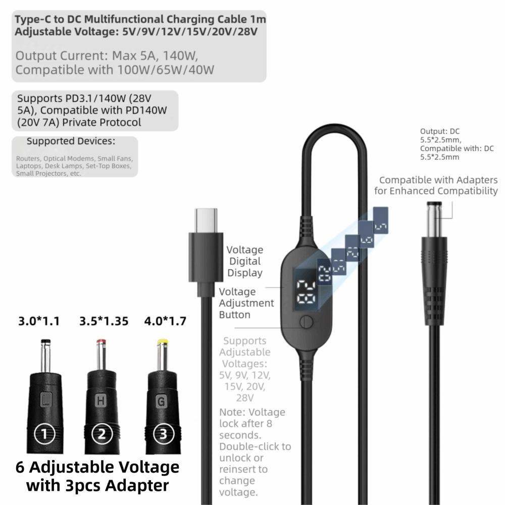 Digitales Display USB C auf DC 5525 Konverter 5V/9V/12V/15V/20V mit 28/34 Anschlussspitzen Typ-C zu DC Stromkabel