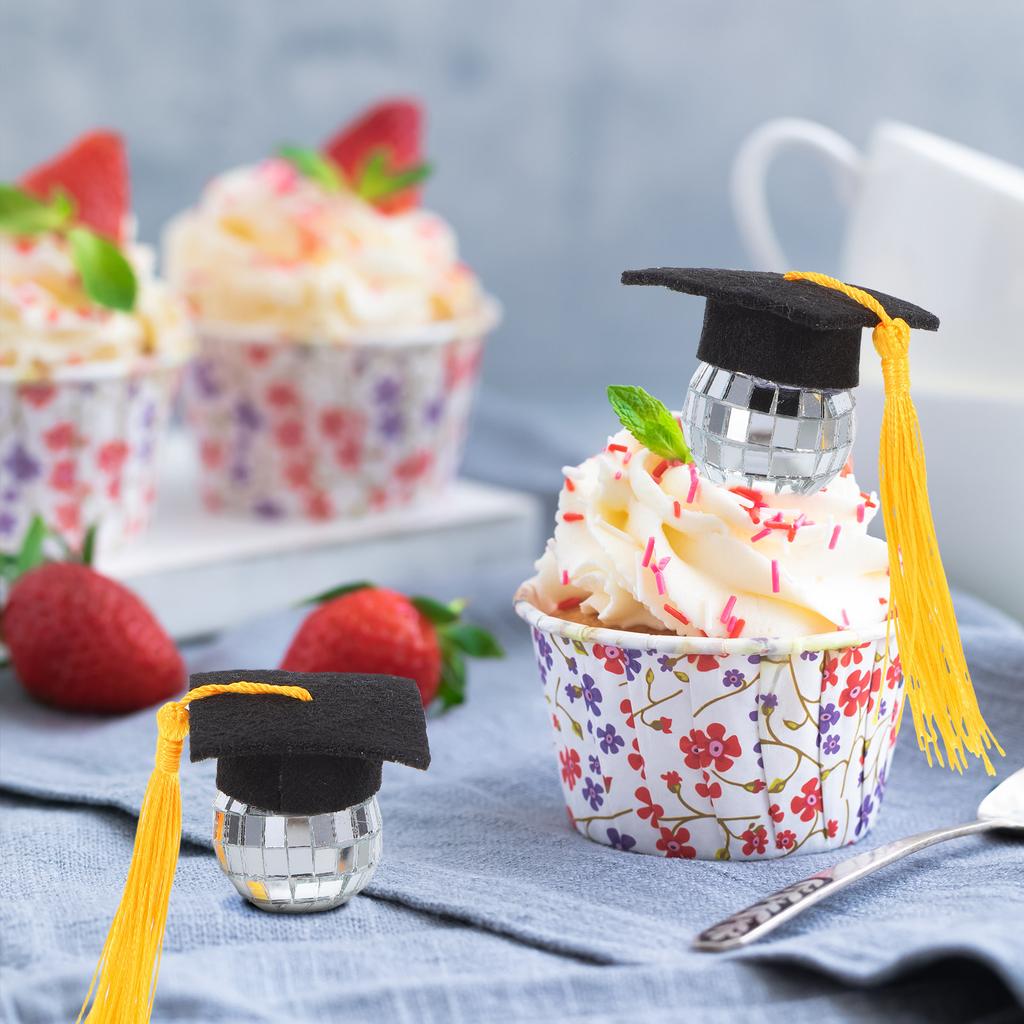 10Pcs Mini Graduation Cap Cupcake Toppers Tassel Disco Ball Design Grad Cap Decor for All Graduations Cupcake Graduation