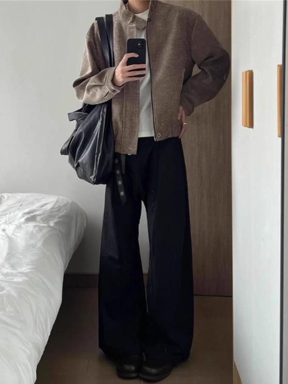 Men's Houndstooth Harrington Jacket: Retro Wood Grain, Short Stand-Up Collar, Spring/Autumn High-End Design.