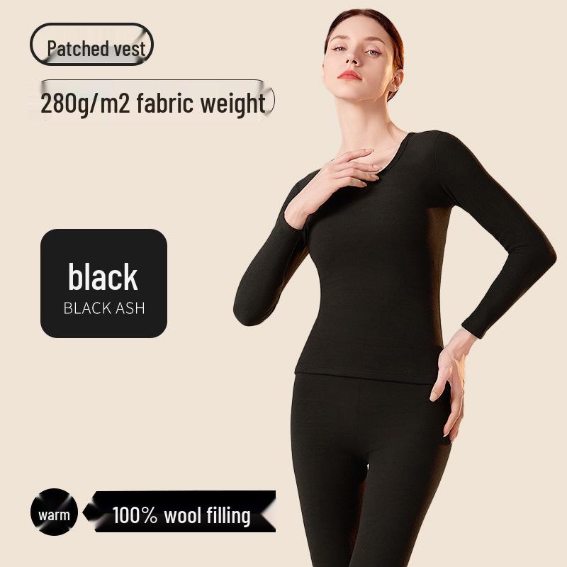 Women's Round Neck Slim Fit Thermal Underwear Set with 7A Antibacterial 100% Wool Filling - Autumn/Winter.