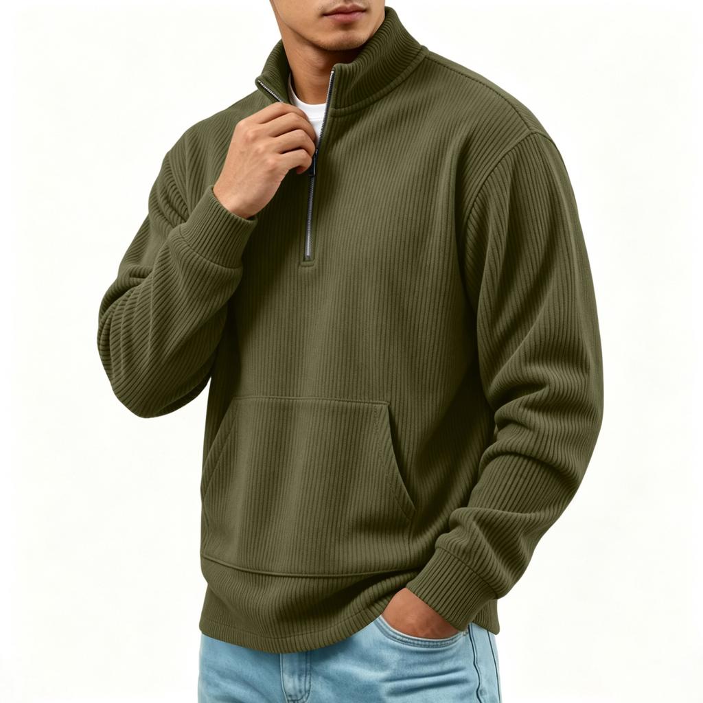 Men's Vintage Corduroy Long Sleeve Zip Up Shirt Stand Collar Casual Top
