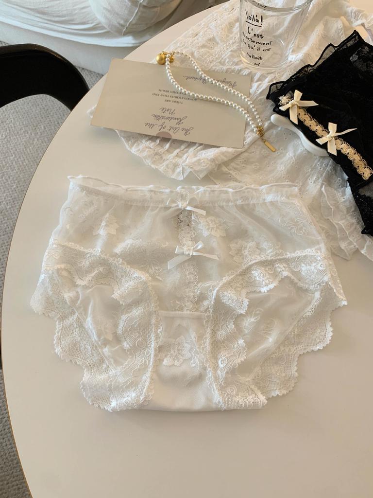 Ladies Summer Sexy Lace Bow Soft Pure Net Yarn Pure Cotton File High Waist Briefs