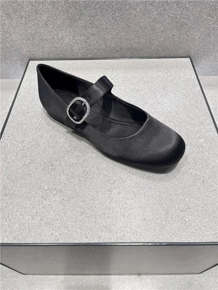 Leather Satin Rhinestone One-word Buckle with Round Head Mary Jane Single Shoes Women's 2025 New Spring Ballet Flats