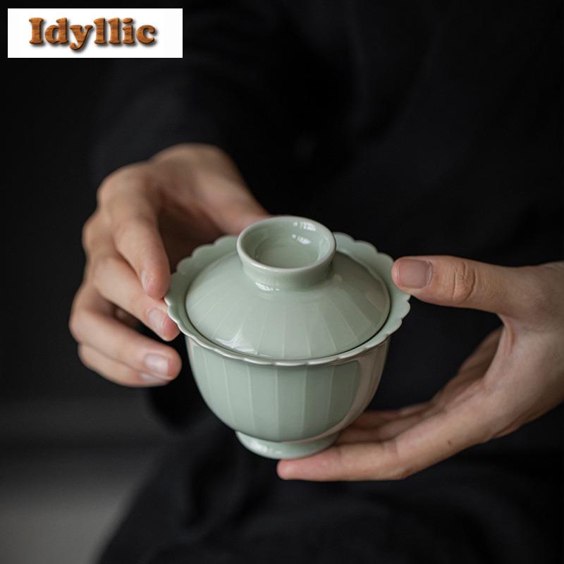 155ml Azure Line Flower Mouth Gaiwan Creative Tea Tureen Tea Bowl With Lid Kit Tea Brewing Cover Bowl Chinese Tea Set Decoration