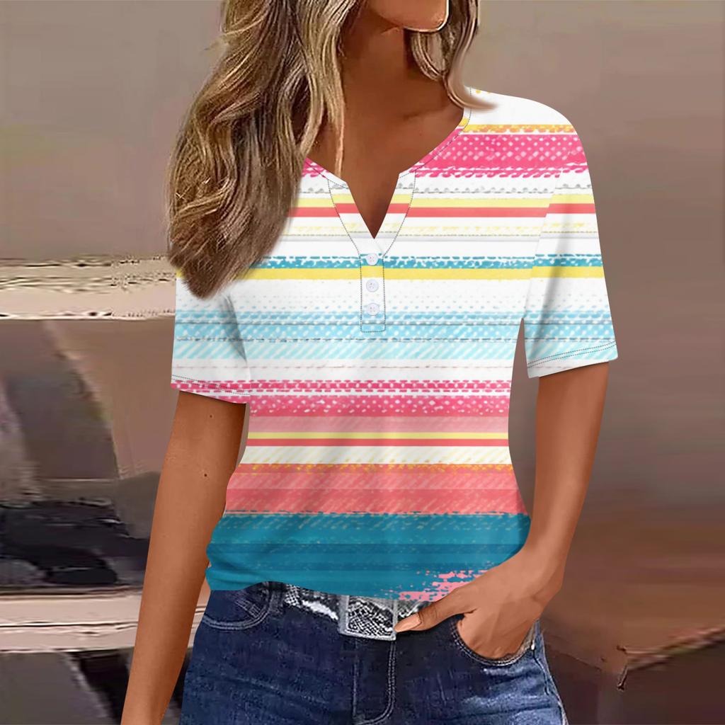 Women's T Shirt Tee Printed Button Short Sleeve Tunic Daily Weekend Fashion Basic V- Neck Regular Top