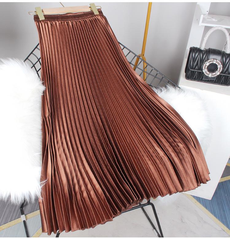 Solid Color High Waist Satin Pleated Midi Skirt - Women's New Spring/Summer/Autumn 2023 Collection