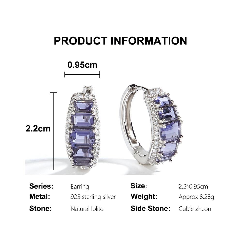 925 sterling silver women's clasp earrings natural octagonal iolite real gemstones Classic design fine jewelry for birthday wear