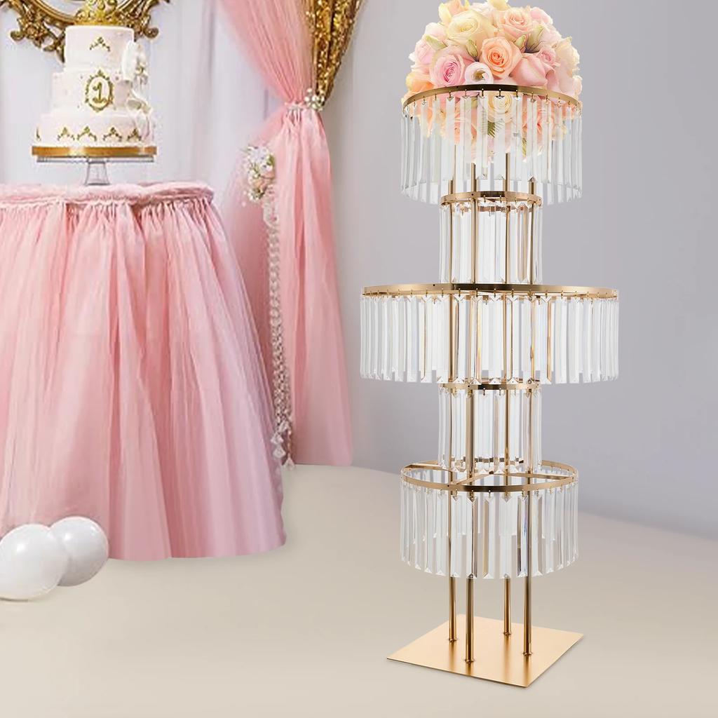 5 Tier Wedding Centerpieces Flower Stand with Hanging Crystals Gold Vases Round Flower Chandelier Pedestal for Birthday Party